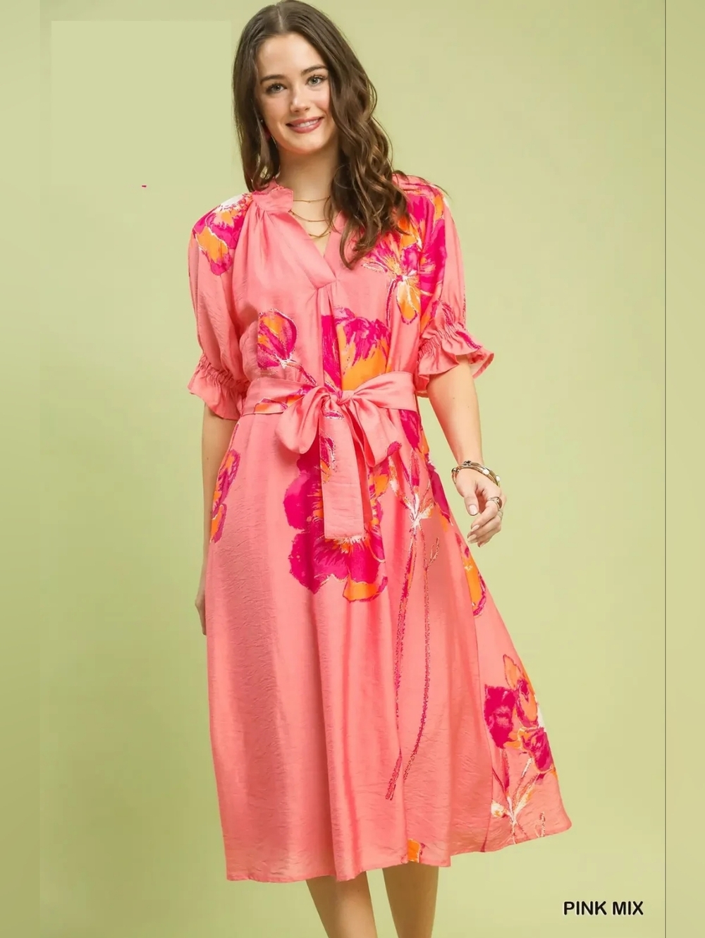 New Arrival!! Umgee Floral Flounce Sleeve Midi Dress with Belted - Picture 1 of 9